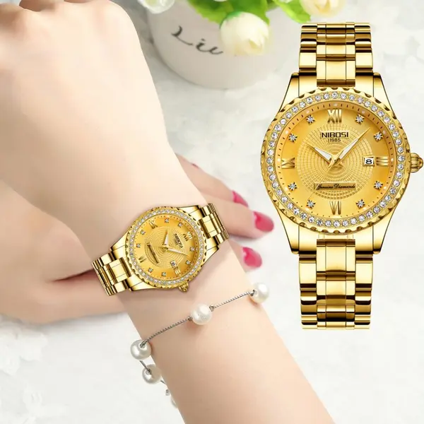 Nibosi 2315 High Quality Stainless Steel Waterproof Women's Watch – Dial Color: Gold, Strap Color: Gold – View 4